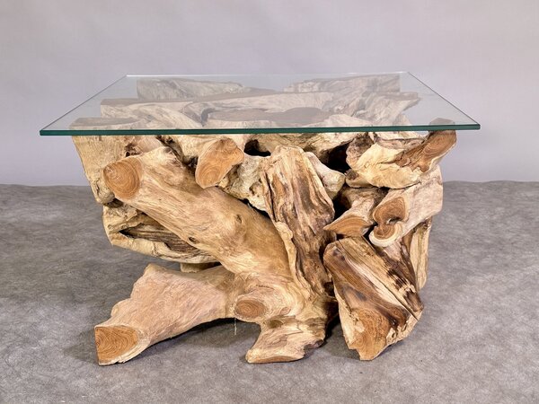 Konferenční stolek Manado teakový kořen, zarostlé kameny – 60×60×40 cm