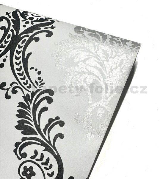 Samolepící tapety 45 cm x 10 m IMPOL TRADE 9606, stříbrno-černý zámecký vzor na bílém podkladu, samolepící tapety
