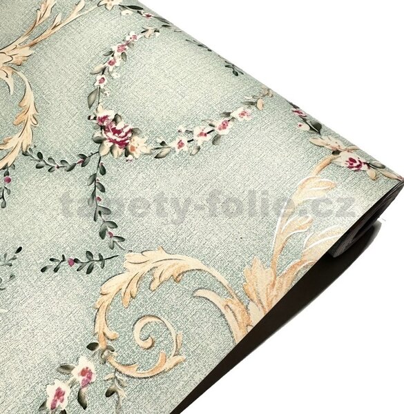 Samolepící tapety 45 cm x 10 m IMPOL TRADE 9005, růžičky s ornamenty na zeleném podkladu, samolepící tapety