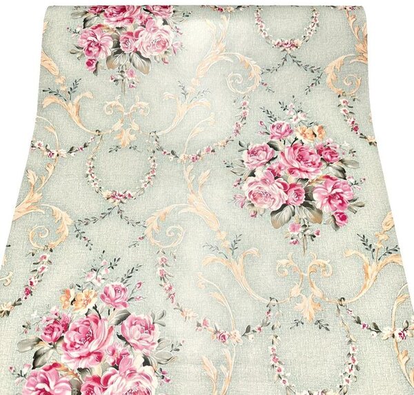 Samolepící tapety 45 cm x 10 m IMPOL TRADE 9005, růžičky s ornamenty na zeleném podkladu, samolepící tapety