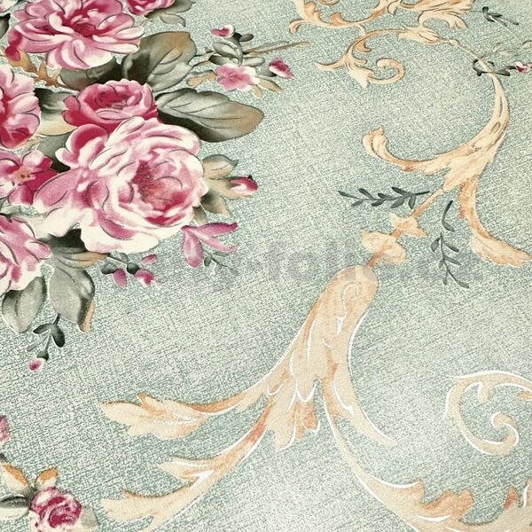 Samolepící tapety 45 cm x 10 m IMPOL TRADE 9005, růžičky s ornamenty na zeleném podkladu, samolepící tapety