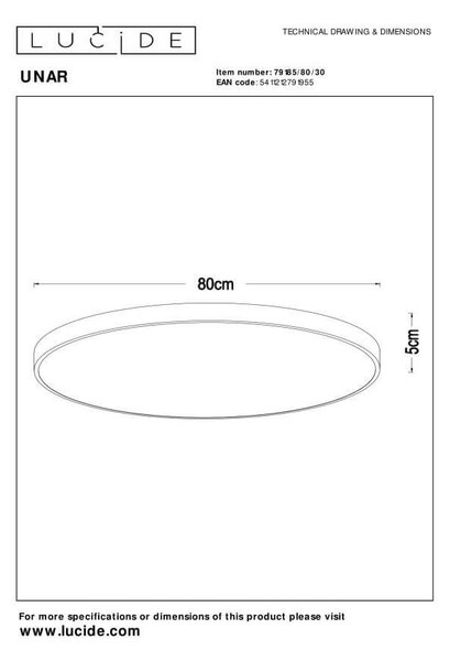 Lucide L791858030 LED přisazené stropní svítidlo UNAR | 80W integrovaný LED zdroj | 5000lm | 2700K