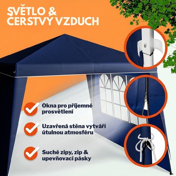 Párty stan / pavilon CAPRI PLUS se 2 bočními stěnami, 3×3 m, modrá Casaria