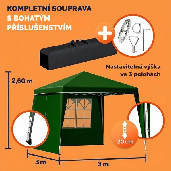 Párty stan / pavilon CAPRI PLUS se 2 bočními stěnami, 3×3 m, zelená Casaria