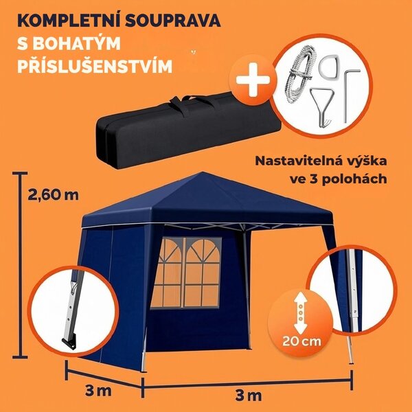 Párty stan / pavilon CAPRI PLUS se 2 bočními stěnami, 3×3 m, modrá Casaria