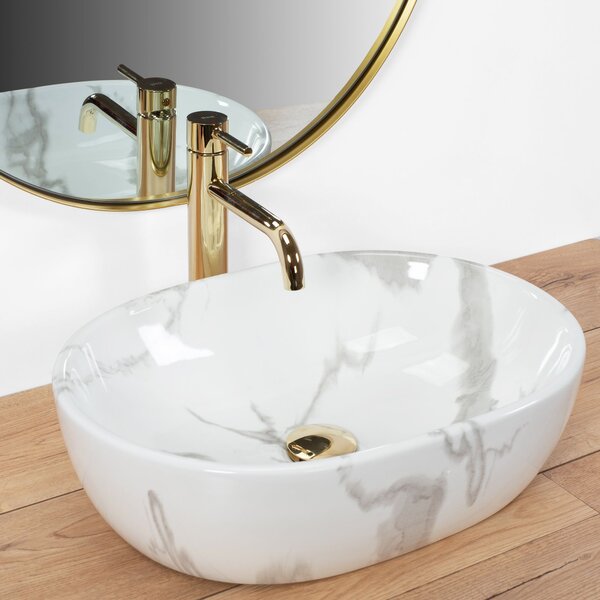 Rea Amelia Marmo Shiny, keramické umyvadlo na desku 480x345x135 mm, imitace kamene, REA-U8001