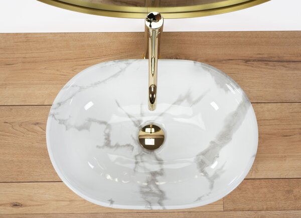 Rea Amelia Marmo Shiny, keramické umyvadlo na desku 480x345x135 mm, imitace kamene, REA-U8001