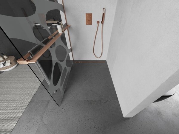 Mexen Kioto+, sprchová zástěna Walk-In s poličkou a věšákem 80 x 200 cm, 8mm čiré sklo bílý vzor, ​​měděný matný profil, 800-080-121-65-97