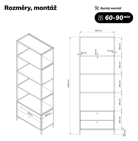 Regál se zásuvkami do kanceláře, na pořadače a dokumenty, otevřené police, kovový, antracitový, 800x2200x400 mm: ARIEL