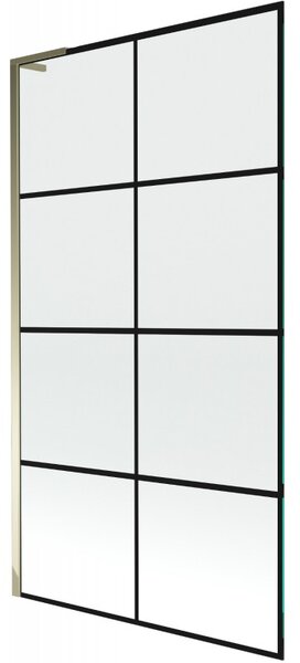Mexen Next L, 1-křídlová vanová zástěna 100 x 150 cm, 6mm čiré sklo-černý vzor, ​​zlatý lesklý profil, 895-100-000-03-77-50
