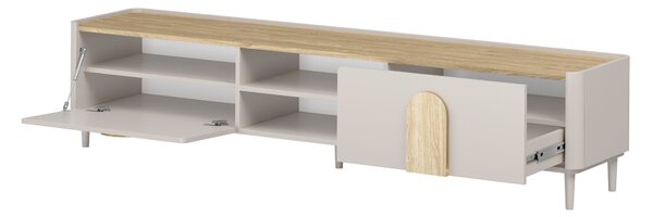 TV stolek Amilio 220 cm na nožkách - kašmírová / dub olejovaný / úchytky dub světlý