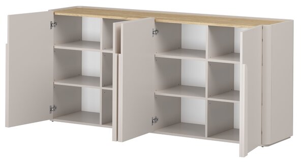 Komoda Amilio 200 cm čtyřdveřová - kašmír / olejovaný dub / úchytky kašmír