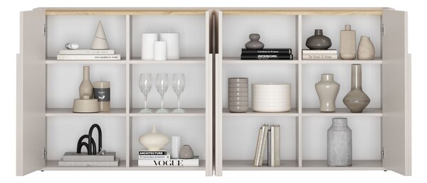 Komoda Amilio 200 cm čtyřdveřová - kašmír / olejovaný dub / úchytky kašmír