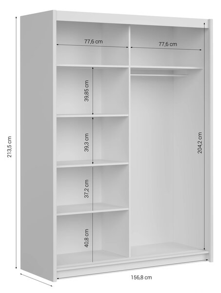 Skříň LEFITA 160 cm s posuvnými dveřmi, zrcadlem, šatní tyčí a policemi, bílá