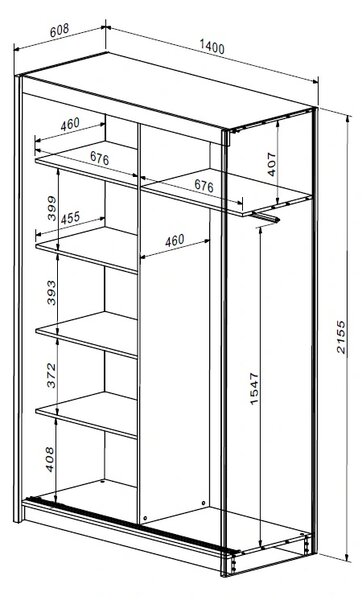 Skříň LEFITA 140 cm s posuvnými dveřmi, zrcadlem, šatní tyčí a policemi, dub sonoma