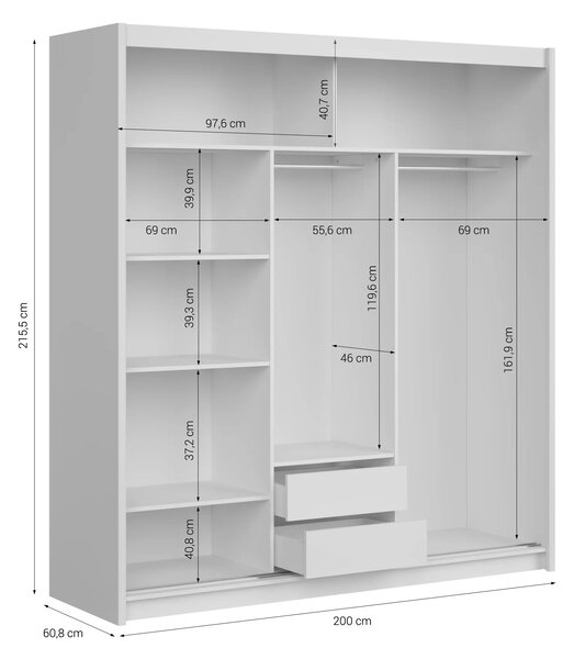 Skříň LEFITA 200 cm s posuvnými dveřmi, zrcadlem, 2 šatními tyčemi, 2 šuplíky a policemi, bílá