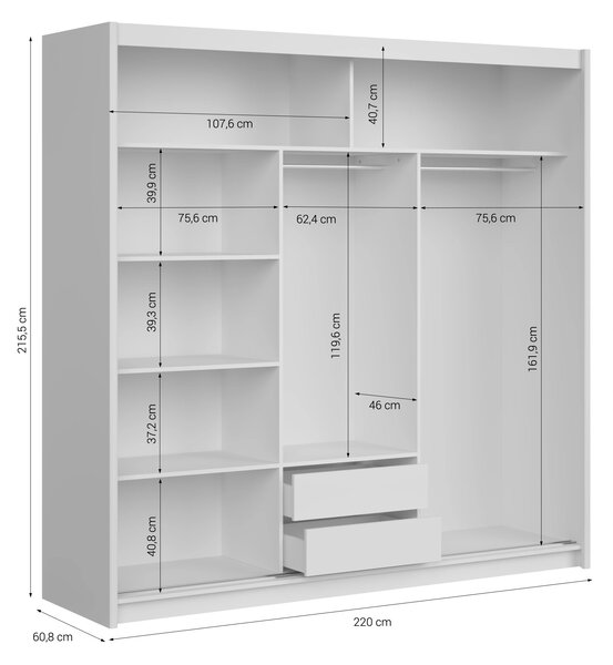 Skříň LEFITA 220 cm s posuvnými dveřmi, zrcadlem, 2 šatními tyčemi, 2 šuplíky a policemi, bílá