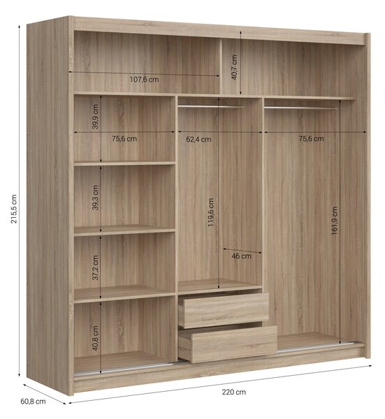 Skříň LEFITA 220 cm s posuvnými dveřmi, zrcadlem, 2 šatními tyčemi, 2 šuplíky a policemi, dub sonoma