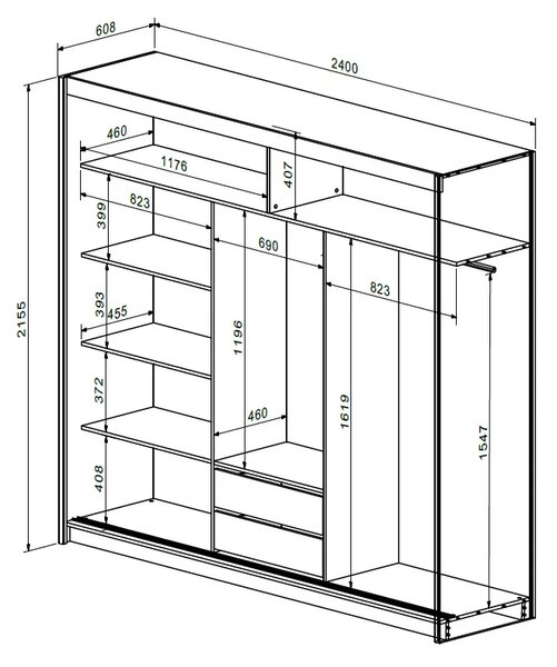 Skříň LEFITA 240 cm s posuvnými dveřmi, zrcadlem, 2 šatními tyčemi, 2 šuplíky a policemi, dub sonoma