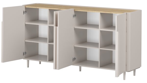 Komoda Amilio 200 cm čtyřdveřová na nožkách - kašmír / olejovaný dub / úchyty kašmír