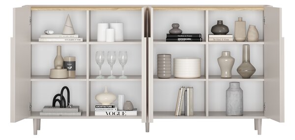 Komoda Amilio 200 cm čtyřdveřová na nožkách - kašmír / olejovaný dub / úchyty kašmír
