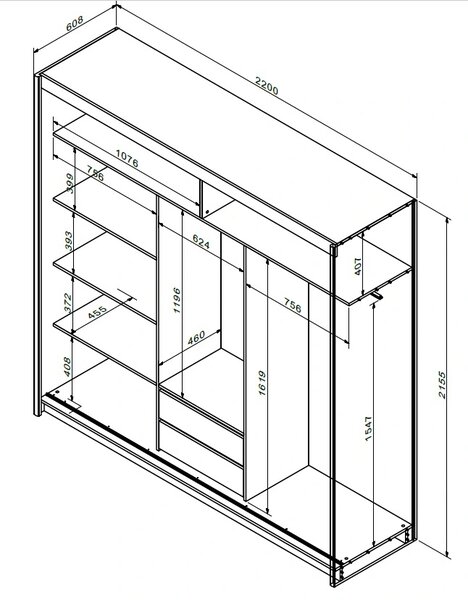 Skříň LEFITA 220 cm s posuvnými dveřmi, zrcadlem, 2 šatními tyčemi, 2 šuplíky a policemi, dub sonoma