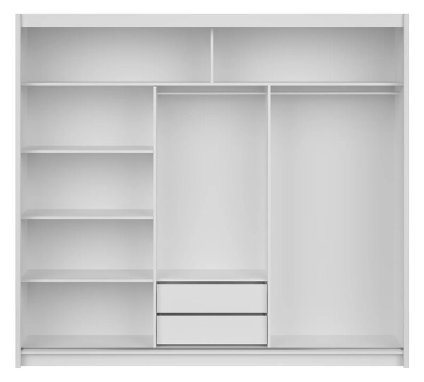 Skříň LEFITA 240 cm s posuvnými dveřmi, zrcadlem, 2 šatními tyčemi, 2 šuplíky a policemi, bílá