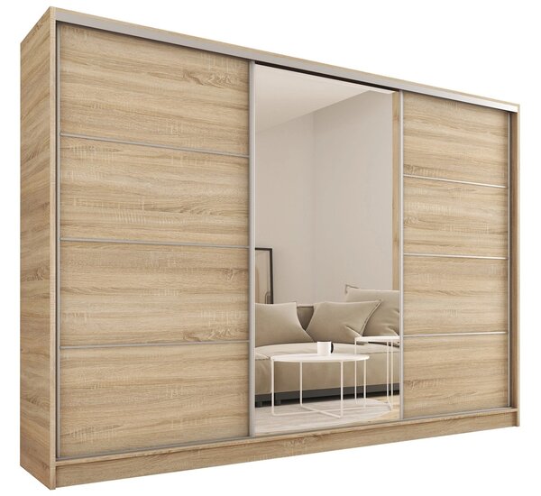 Šatní skříň LITOLARIS MAX 250 se zrcadlem, 4 šuplíky a 2 šatními tyčemi, výška 235 cm, dub sonoma