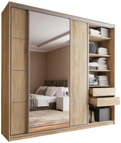 Šatní skříň LITOLARIS MAX 250 se zrcadlem, 4 šuplíky a 2 šatními tyčemi, výška 235 cm, dub sonoma