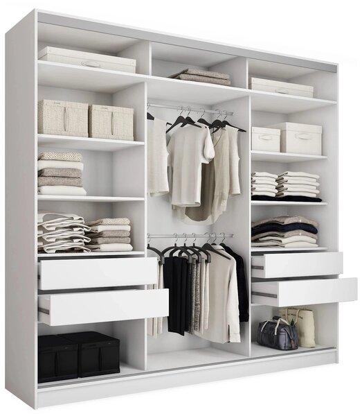 Šatní skříň LITOLARIS MAX 250 se zrcadlem, 4 šuplíky a 2 šatními tyčemi, výška 235 cm, bílý mat