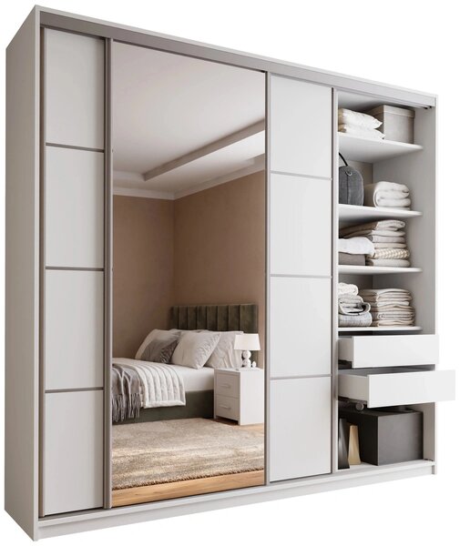 Šatní skříň LITOLARIS MAX 250 se zrcadlem, 4 šuplíky a 2 šatními tyčemi, výška 235 cm, bílý mat
