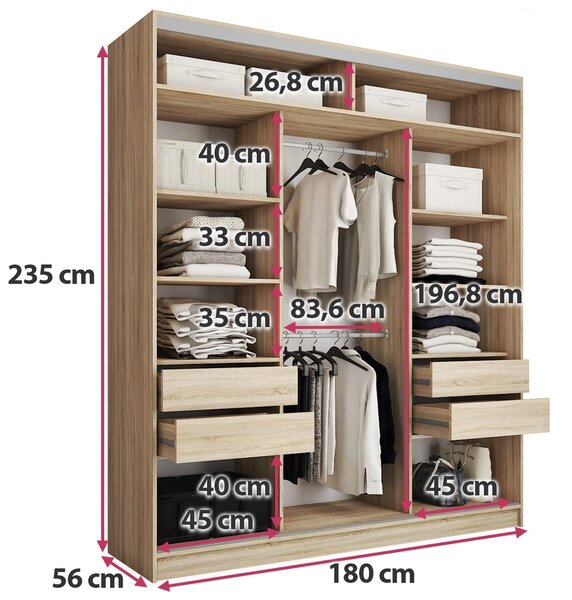 Šatní skříň LITOLARIS MAX 180 se zrcadlem, 4 šuplíky a 2 šatními tyčemi, výška 235 cm, dub sonoma