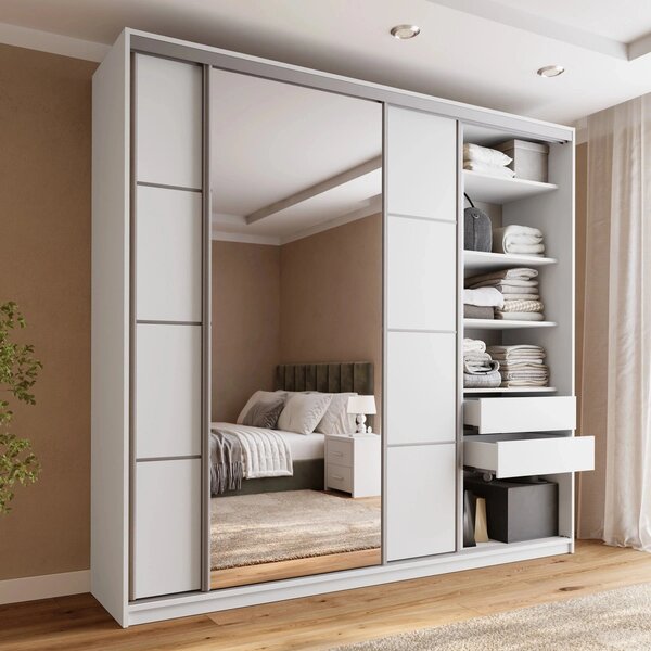Šatní skříň LITOLARIS MAX 250 se zrcadlem, 4 šuplíky a 2 šatními tyčemi, výška 235 cm, bílý mat
