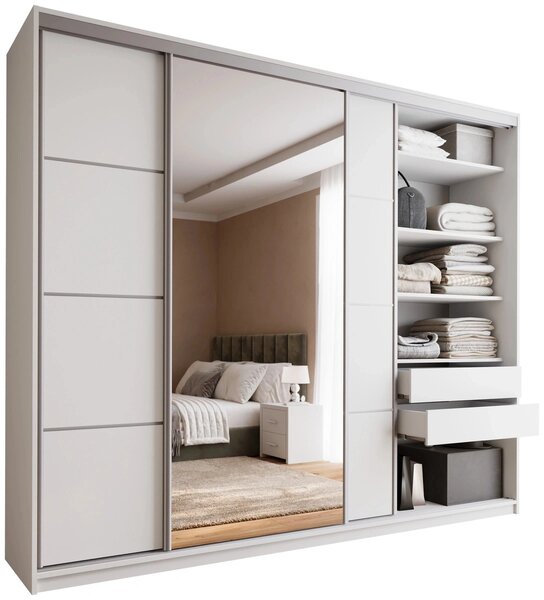 Šatní skříň LITOLARIS MAX 280 se zrcadlem, 4 šuplíky a 2 šatními tyčemi, výška 235 cm, bílý mat