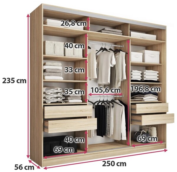 Šatní skříň LITOLARIS MAX 250 se zrcadlem, 4 šuplíky a 2 šatními tyčemi, výška 235 cm, dub sonoma