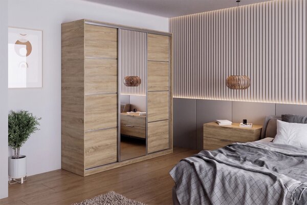 Česká šatní skříň NEJBY BARNABA 180 cm s posuvnými dveřmi,zrcadlem,4 šuplíky a 2 šatními tyčemi,dub sonoma
