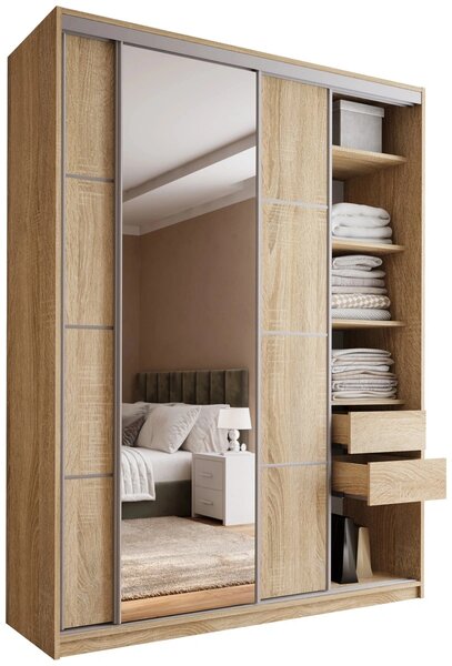 Šatní skříň LITOLARIS MAX 180 se zrcadlem, 4 šuplíky a 2 šatními tyčemi, výška 235 cm, dub sonoma