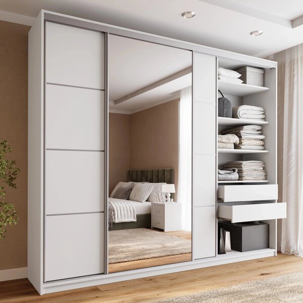 Šatní skříň LITOLARIS MAX 280 se zrcadlem, 4 šuplíky a 2 šatními tyčemi, výška 235 cm, bílý mat