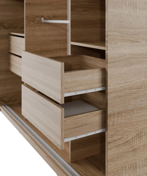 Česká šatní skříň NEJBY BARNABA 180 cm s posuvnými dveřmi,zrcadlem,4 šuplíky a 2 šatními tyčemi,dub sonoma