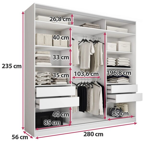 Šatní skříň LITOLARIS MAX 280 se zrcadlem, 4 šuplíky a 2 šatními tyčemi, výška 235 cm, bílý mat