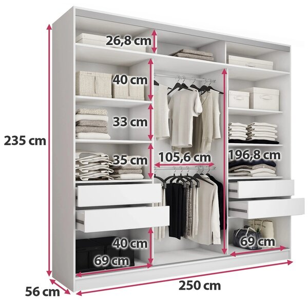 Šatní skříň LITOLARIS MAX 250 se zrcadlem, 4 šuplíky a 2 šatními tyčemi, výška 235 cm, bílý mat