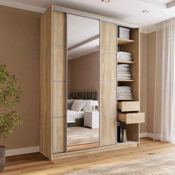 Šatní skříň LITOLARIS MAX 180 se zrcadlem, 4 šuplíky a 2 šatními tyčemi, výška 235 cm, dub sonoma