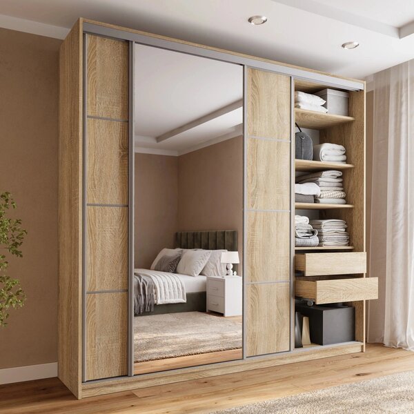 Šatní skříň LITOLARIS MAX 250 se zrcadlem, 4 šuplíky a 2 šatními tyčemi, výška 235 cm, dub sonoma