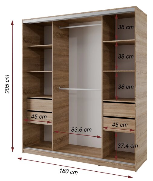 Česká šatní skříň NEJBY BARNABA 180 cm s posuvnými dveřmi,zrcadlem,4 šuplíky a 2 šatními tyčemi,dub sonoma