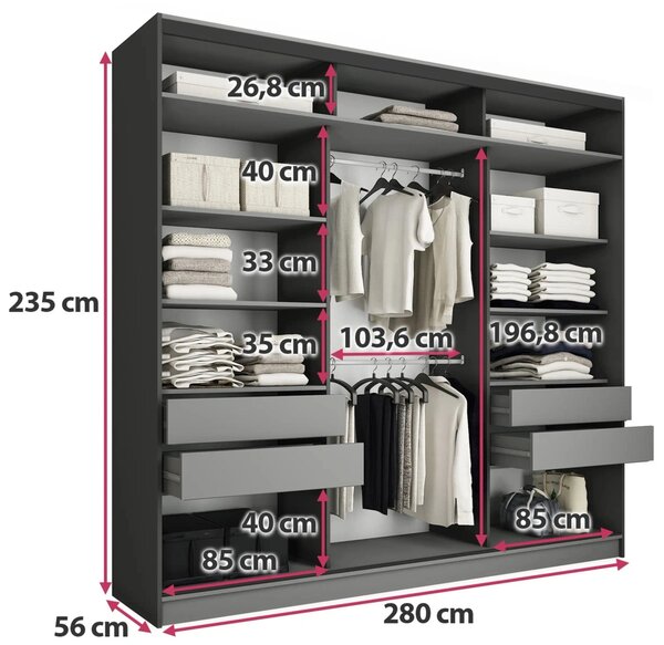 Šatní skříň HARAZIA MAX 280 se zrcadlem, 4 šuplíky a 2 šatními tyčemi, výška 235 cm,černá/dub lefkas