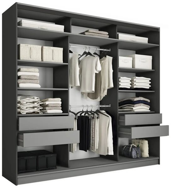 Šatní skříň HARAZIA MAX 250 se zrcadlem, 4 šuplíky a 2 šatními tyčemi, výška 235 cm,černá/dub lefkas