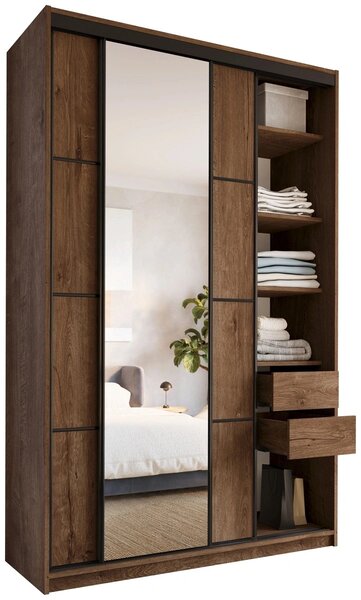 Šatní skříň HARAZIA MAX 150 se zrcadlem, 4 šuplíky a 2 šatními tyčemi, výška 235 cm, dub lefkas