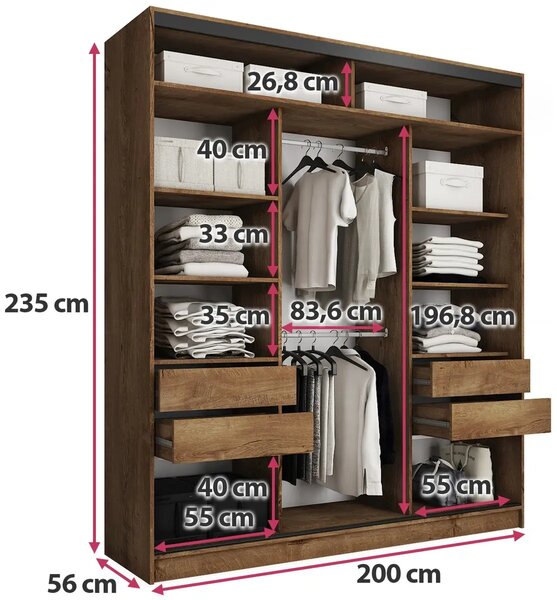 Šatní skříň HARAZIA MAX 200 bez zrcadla, se 4 šuplíky a 2 šatními tyčemi, výška 235 cm, dub lefkas