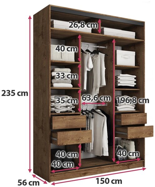 Šatní skříň HARAZIA MAX 150 se zrcadlem, 4 šuplíky a 2 šatními tyčemi, výška 235 cm, dub lefkas