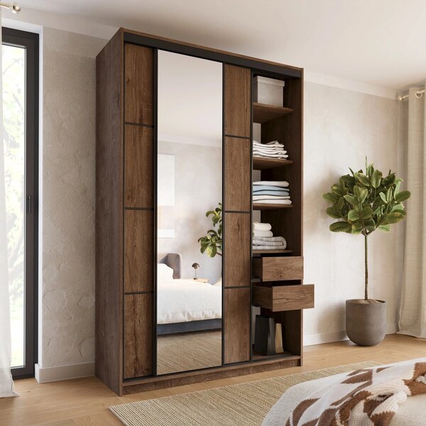 Šatní skříň HARAZIA MAX 150 se zrcadlem, 4 šuplíky a 2 šatními tyčemi, výška 235 cm, dub lefkas